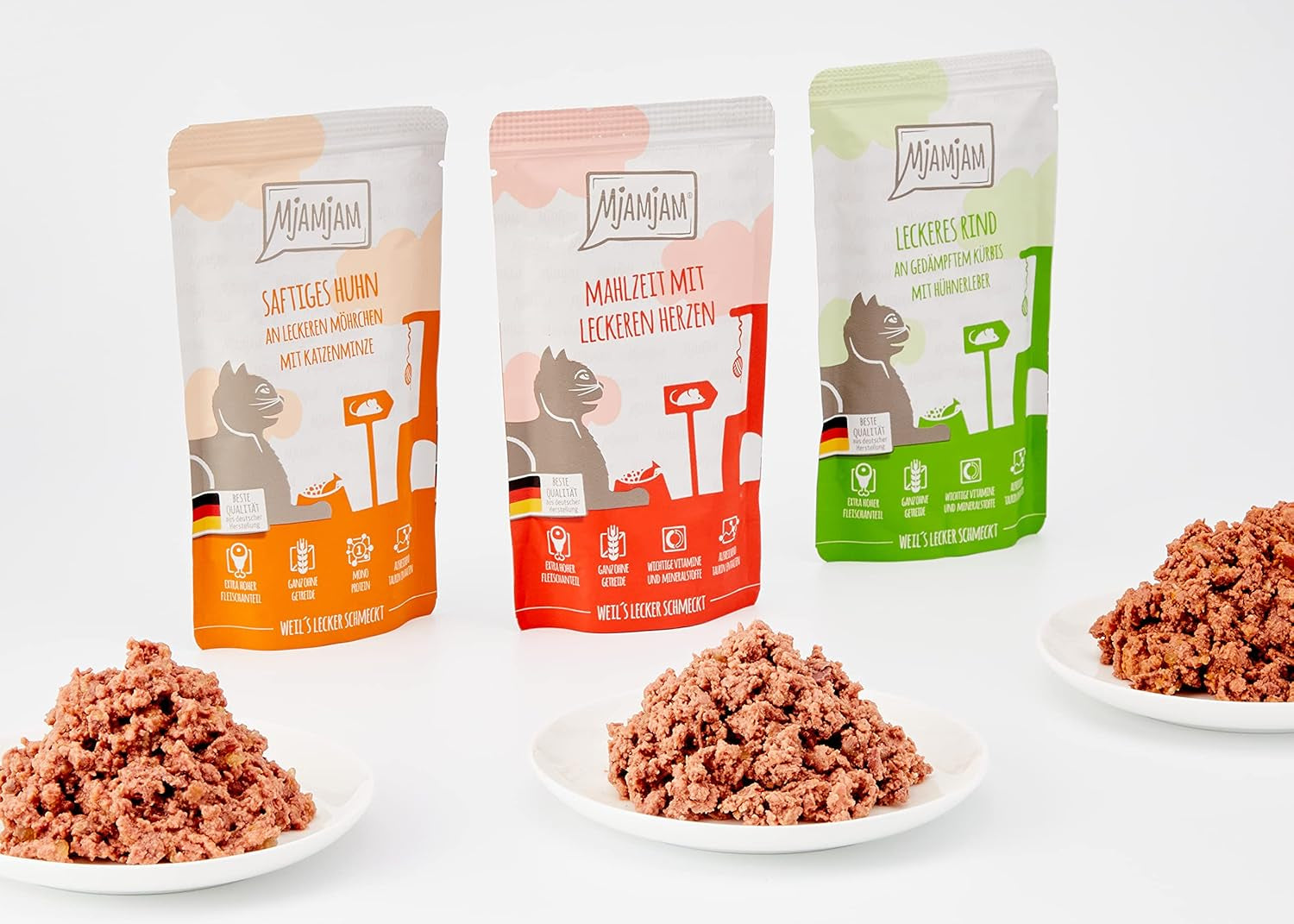 MjAMjAM - prémiové mokré krmivo pro kočky - smíšené balení I - kuře, hovězí maso, srdíčka 12 balení (12 x 125 g), bez obilovin s extra masem