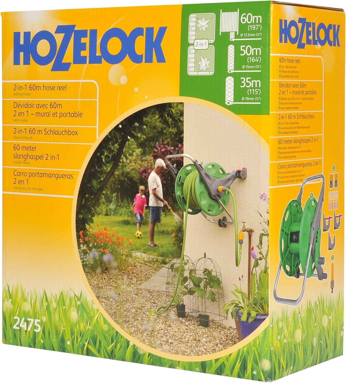 HOZELOCK - Hadicový naviják 2 v 1 (podporná šňůra není součástí dodávky) 60 m: Volně stojící nebo nástěnná, snadno se přenáší, ale je pevná a odolná. Flexibilní použití na zahradě [2475R0000]