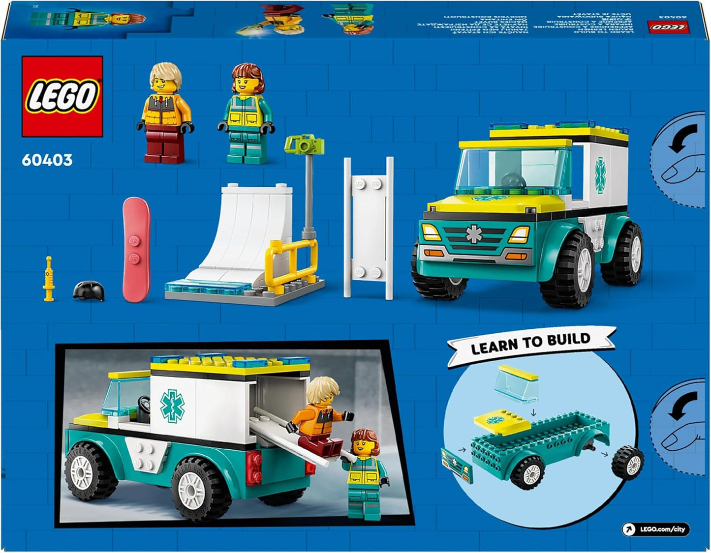 LEGO City Sanitka a snowboardista, sanitka s autíčkem a 2 minifigurkami, figurka snowboardisty a zdravotníka, nápaditý dárek pro chlapce a dívky od 4 let 60403 Stavebnice Besuche den LEGO-Store