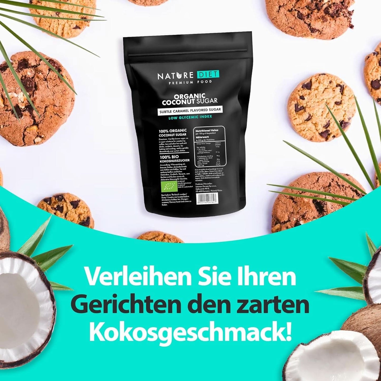 Bio kokosový cukr, karamelová příchuť, 1,5 Kg sladidla Naty Shop