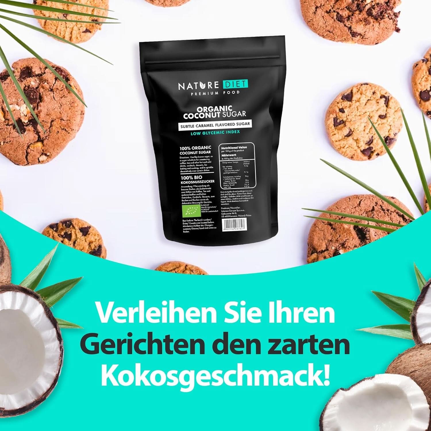 Bio kokosový cukr, karamelová příchuť, 1,5 Kg sladidla Naty Shop