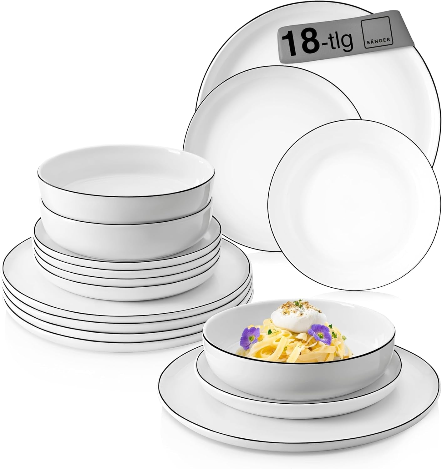SANGER | Marlo Černobílá sada nádobí, 18dílná sada porcelánového nádobí pro 6, bílá s černými akcenty, Talíře, dezertní talíře a misky, moderní design | PRÉMIOVÁ KOLEKCE