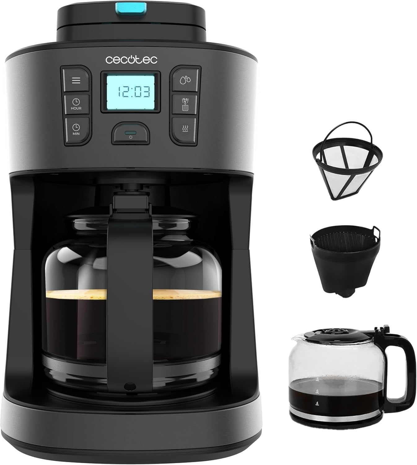 Překapávací kávovar Cecotec Coffee 66 Grind & Drop Essential. 1086 W, čepelový mlýnek, až 12 šálků, technologie Extreme Aroma, digitální, nerezová ocel, automatické vypínání.