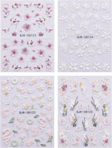 JMEOWIO 3D Nálepka na nehty Blumen Nálepka na nehty Selbstklebend Nagelaufkleber 5D Stereoskopické jarní letní dekorace Nageldesign Zubehör 4 Blatt