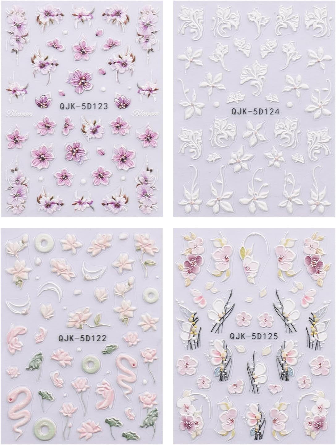 JMEOWIO 3D Nálepka na nehty Blumen Nálepka na nehty Selbstklebend Nagelaufkleber 5D Stereoskopické jarní letní dekorace Nageldesign Zubehör 4 Blatt