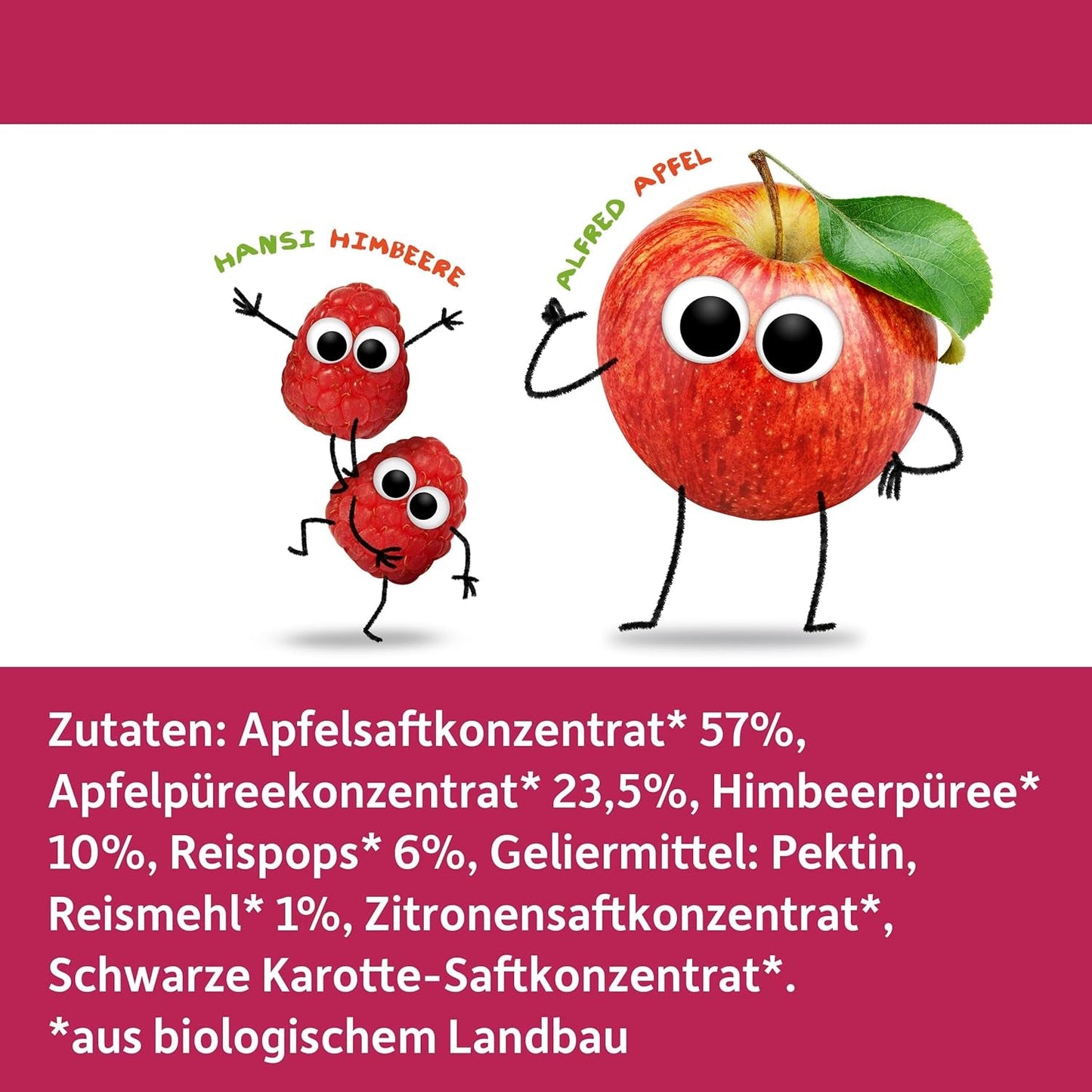 FRECHE FREUNDE Bio ovocná želé, jablka, maliny a rýžová lízátka, ovocná sladká svačina pro děti, bezlepková, veganská, balení 20 ks (20 x 30 g)