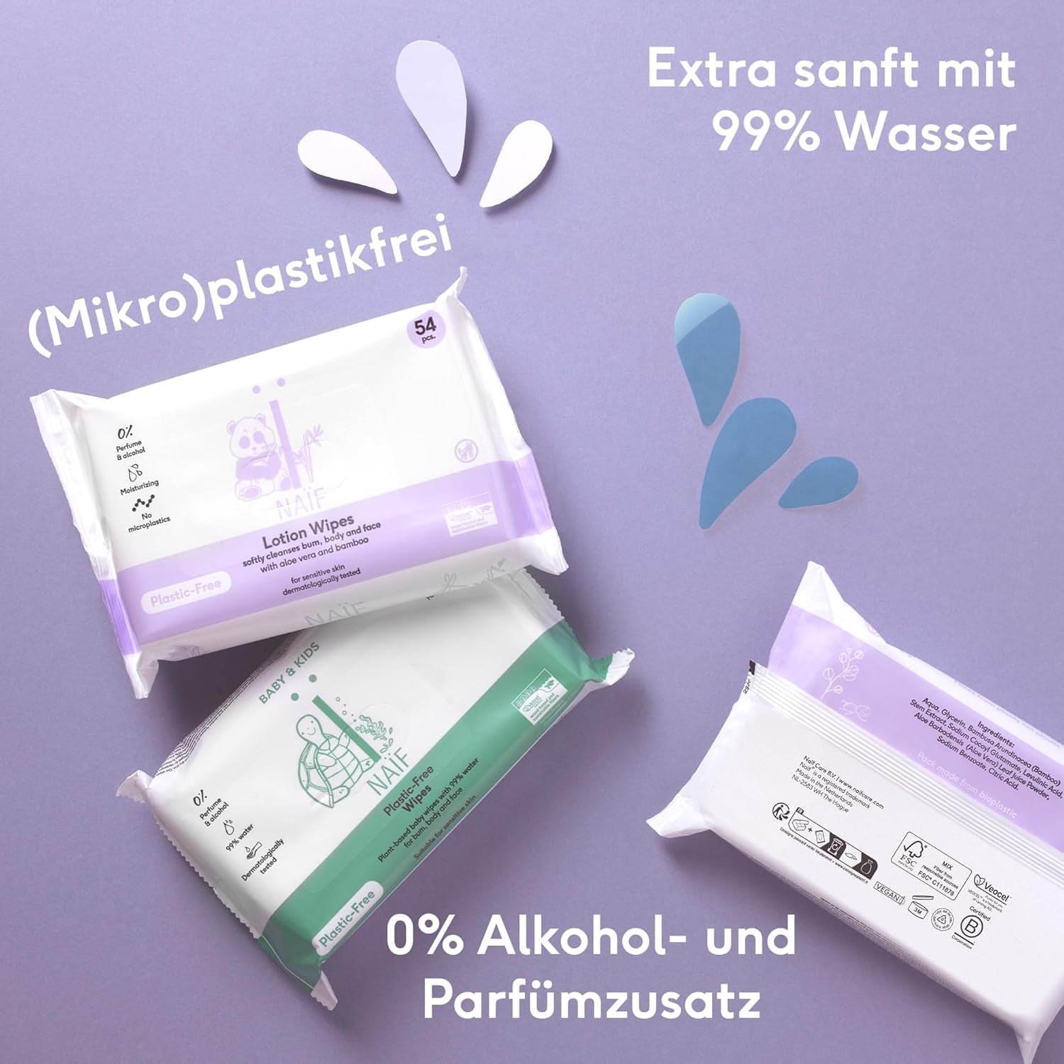 Naïf plastové dětské ubrousky 432 kusů (8 balení x 54 ubrousků) – péče o dětský zadeček, tělo a obličej – 99 % voda – 0 % vůně a alkohol – krabička udržitelných vlhčených ubrousků, citlivý eukalyptus