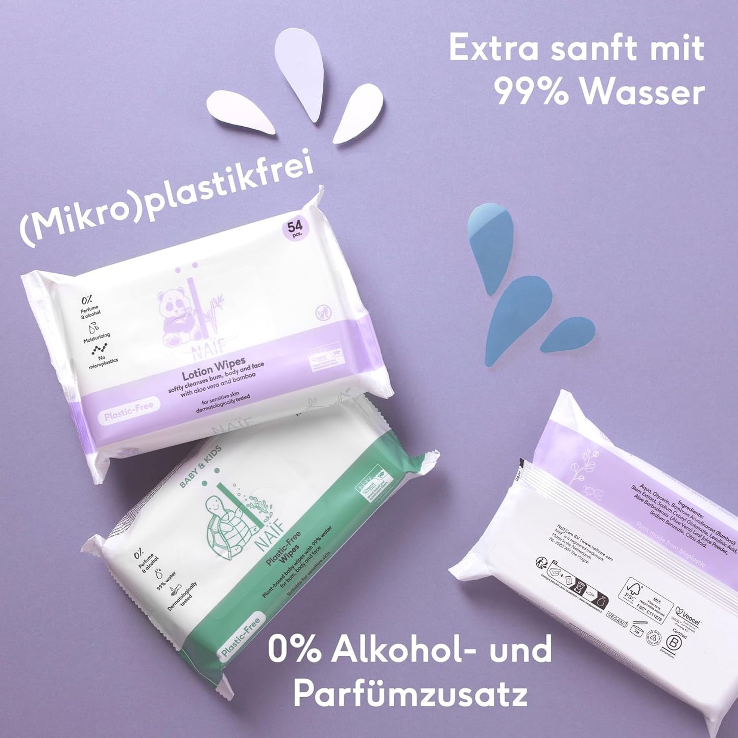 Naïf - Vlhčené ubrousky bez plastů - 1296 kusů (24 kusů X 54 vlhčené ubrousky) - Dětský zadeček, péče o tělo a obličej - 99 % voda - 0 % vůně a alkohol