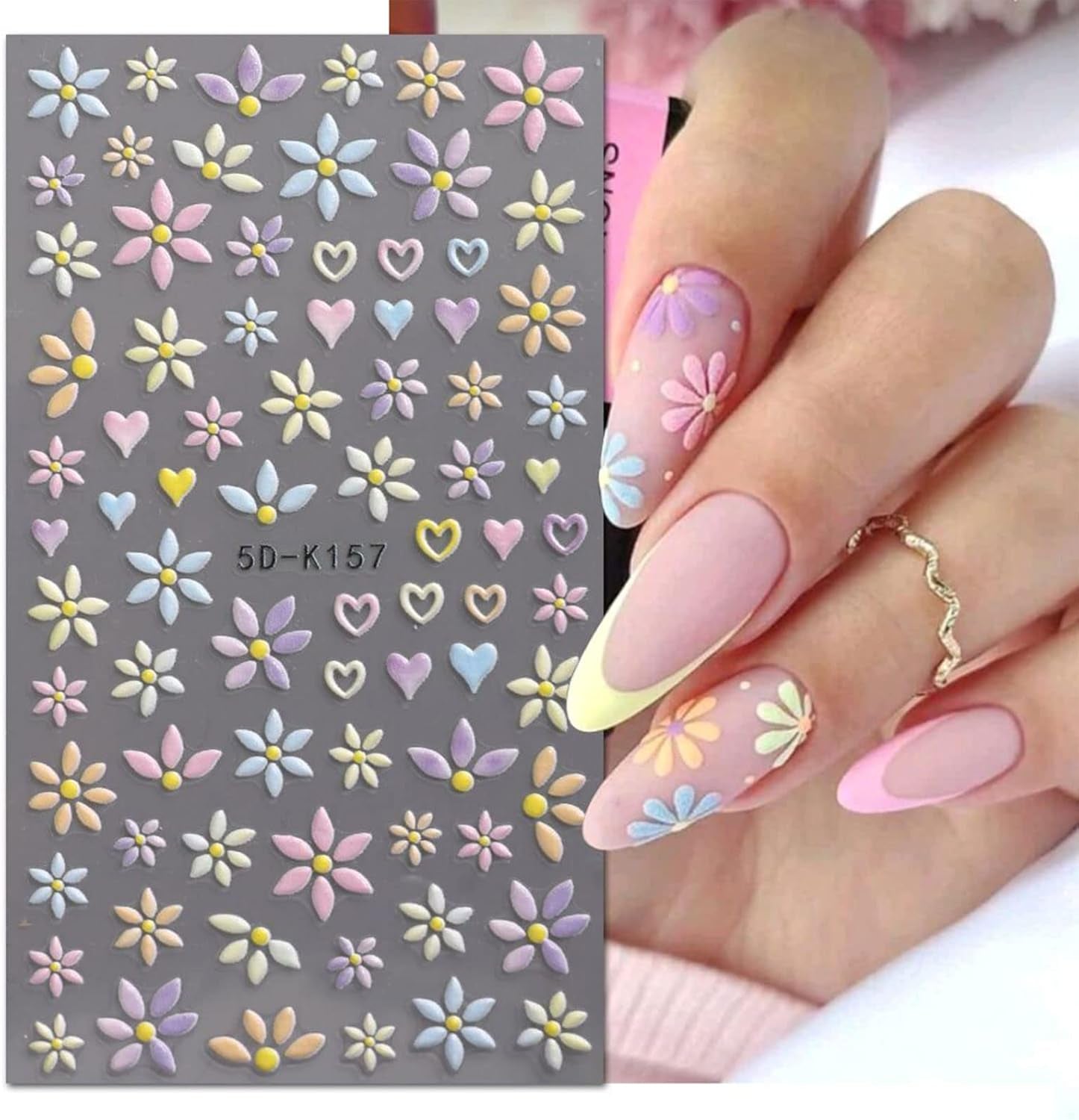 JMEOWIO 3D Nálepka na nehty Blume Frühlings Nálepka na nehty Selbstklebend Nagelaufkleber 5D Stereoskopisch Summer Bunter Blumen Dekoration Nageldesign Zubehör 4 Blatt