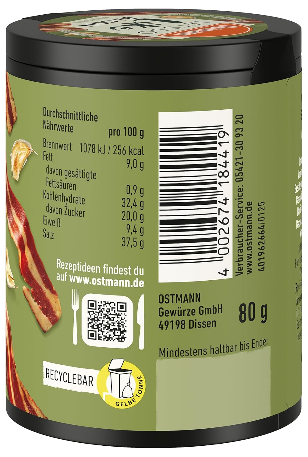 Ostmann Gewürze - Pojďme jako slanina | Bacon-Geschmack für ungewürzte Fleischersatzprodukte | Gewürzsalz für Tofu a vegetariánské/veganské Eintöpfe | 80 g v Metalldose Recyclebar