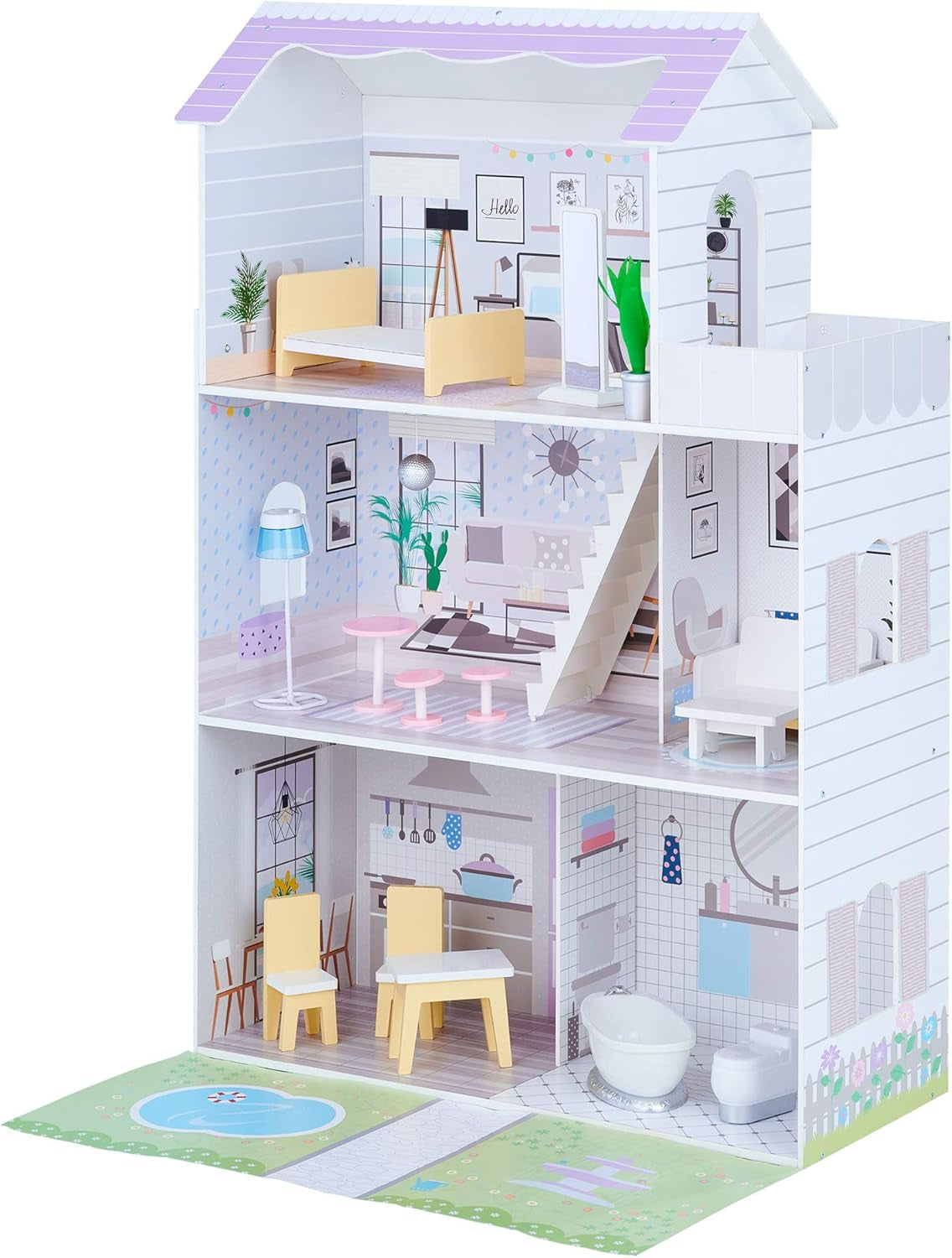Obří domeček pro panenky Teamson Kids Olivia's Little World se 16 doplňky pro panenky, dřevěný domeček pro panenky s nábytkem, 3patrový, 30 cm domeček pro panenky pro děti, věk 3+
