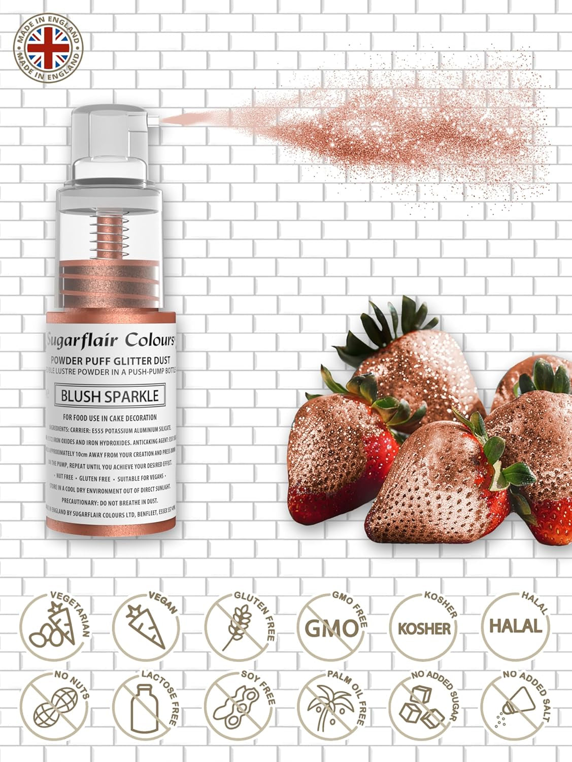 Sugarflair Pump Powder Spray, Glitter, Blush, Glitter - potravinářská barva na dorty, bezaerosolový sprej na dorty, muffiny a další - 10 g