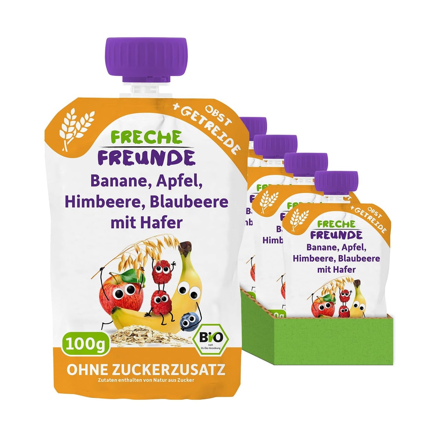 FRECHE FREUNDE Bio ovocná kapsička banán, jablko, malina, borůvka s ovsem, ovocné pyré s cereáliemi ve stlačitelném sáčku pro děti od 6 měsíců, veganské, balení 6 ks (6 x 100 g)