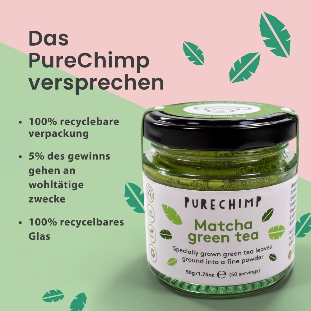 Purechimp Ceremonial Grade Matcha Powder 50g. 100% čistý čajový prášek pěstovaný ve stínu pro latté, nálevy a receptury. Recyklovatelná nádoba. Bohaté na antioxidanty.