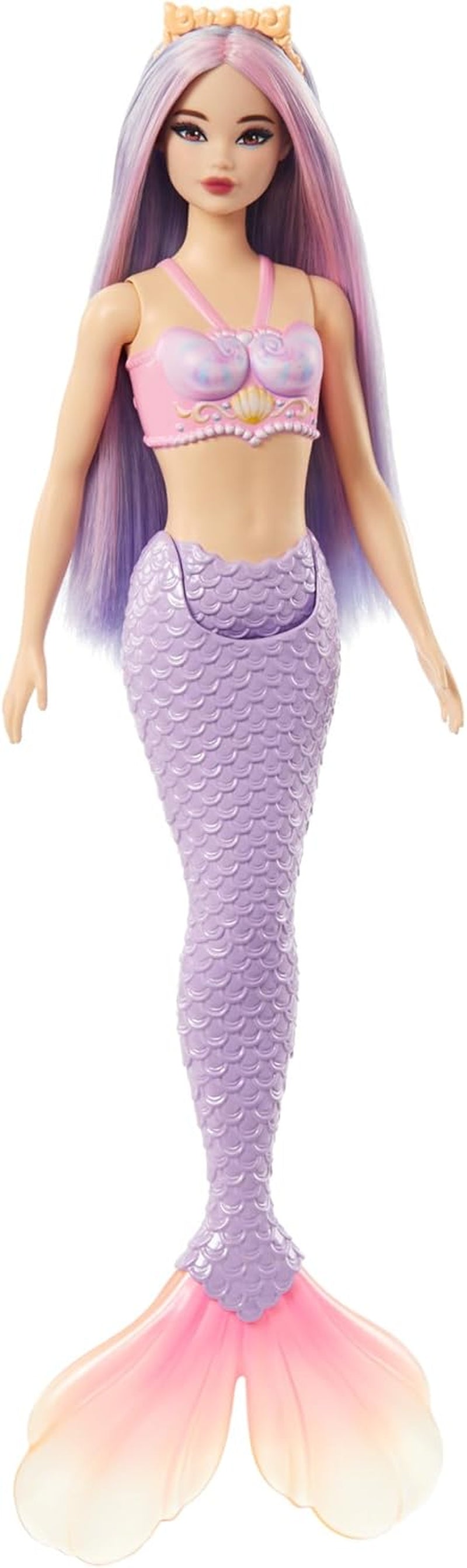 Panenka Barbie mořská víla s růžovými a lila ozdobnými vlasy a čelenkou, panenka s mušlí a levandulová panenka s modrým ocasem, panenky HRR06 Naty Shop