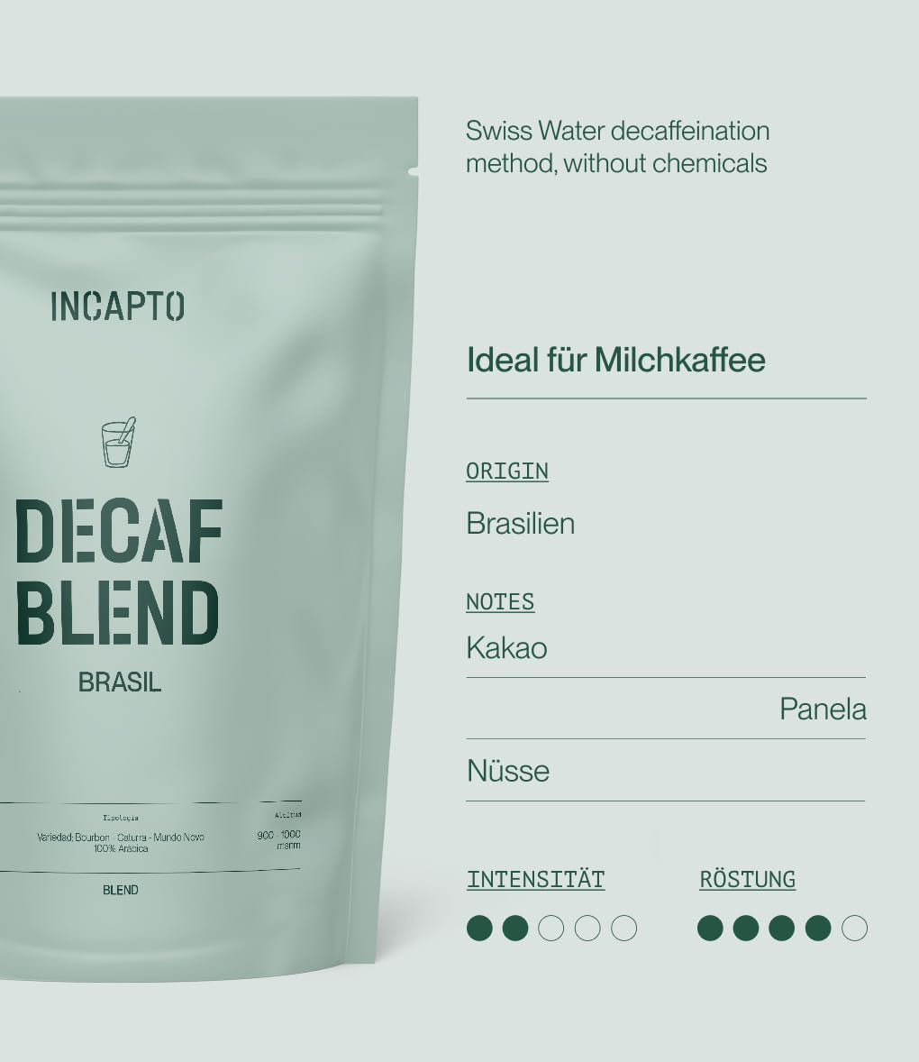 Incapto Ganze Entkofeinierte Kaffeebohnen | Ohne Chemikalien | Mischung aus 100% Arabica-Kaffee aus Brasilien | Ungemahlen Espresso Bohnen | Švýcarská voda bez kofeinu, balení 500g