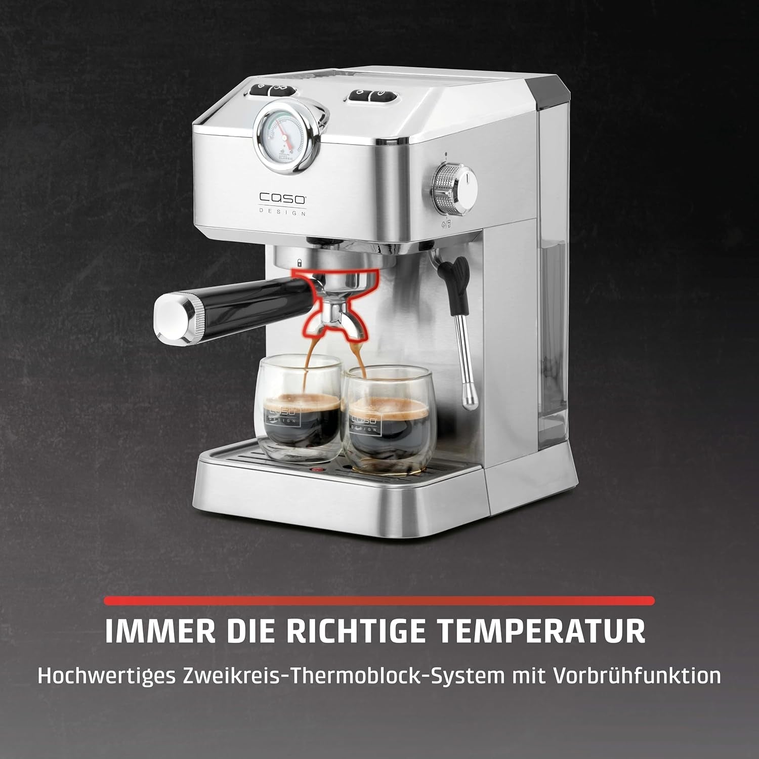 Caso Espresso Gourmet – Nerezový Portafilter Espresso kávovar, výkonná 19barová pumpa Ulka, s napěňovačem mléka, pro mletou kávu nebo kapsle ESE, na 2 šálky, s ohřívačem šálků