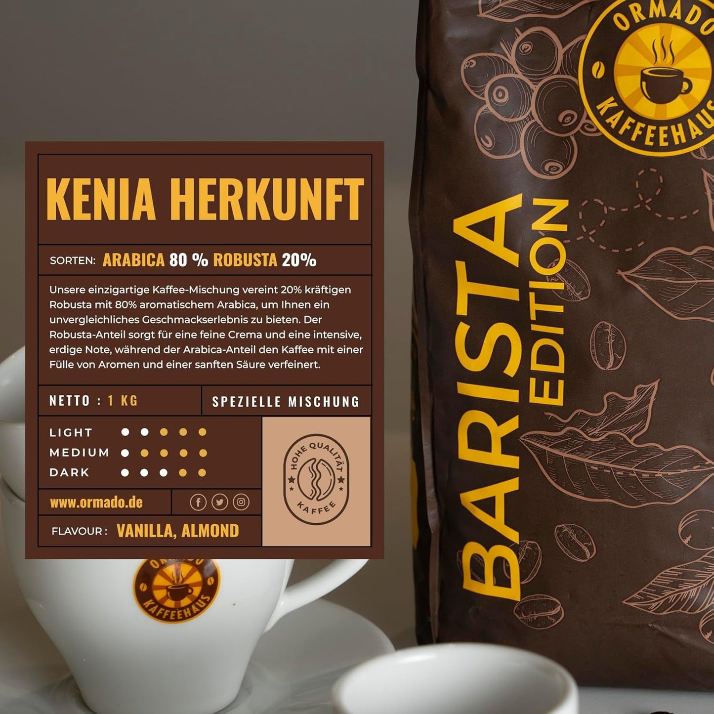 Kávovna Ormado, kávové kapsle, patentovaná zrnková káva z Keni – směs Arabica a Robusta, celá kávová zrna pro plně automatické kávovary, pražená zrna, káva celotělová 1 kg, plně automatický