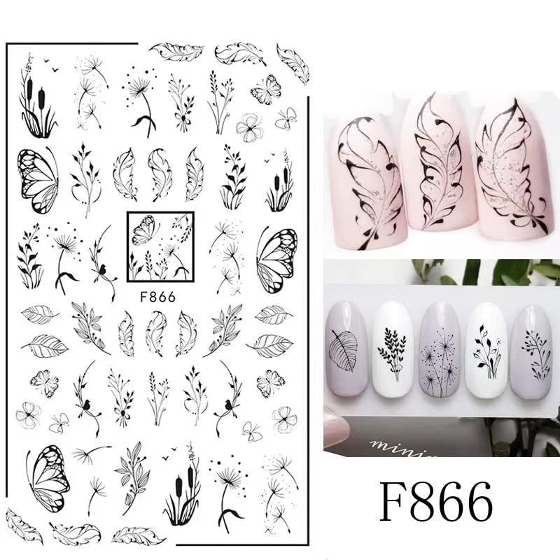 JMEOWIO Nálepka na nehty Blumen 10 Blatt Nagelaufkleber Selbtklebend Černá Bílá Blossom Nálepka na nehty Dekoration Nageldesign Zubehör