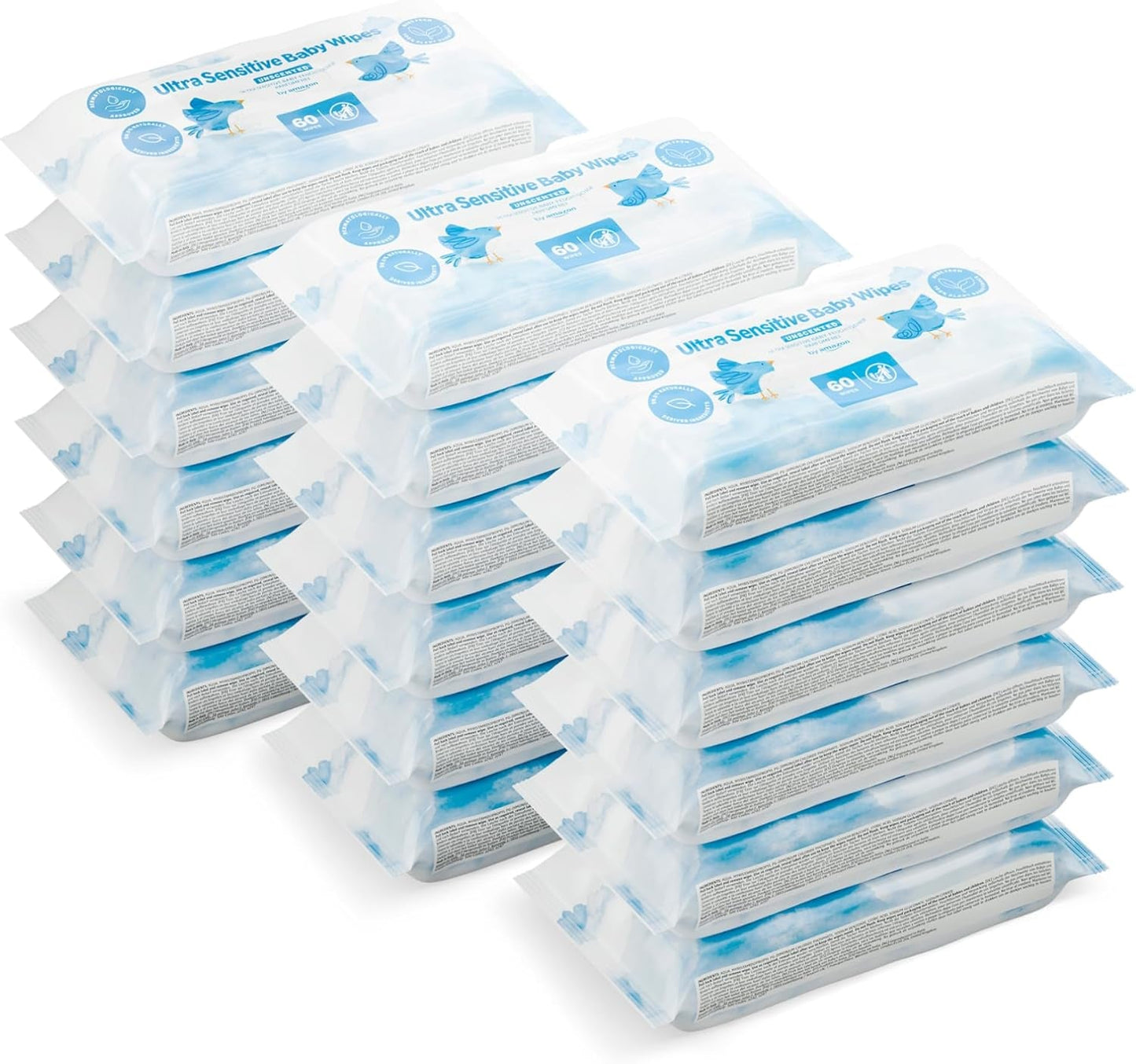 Dětské ubrousky Amazon Ultra Sensitive, 1080 ubrousků, neparfemované, 18 balení po 60 ubrouscích (dříve značka Amazon, identický produkt)