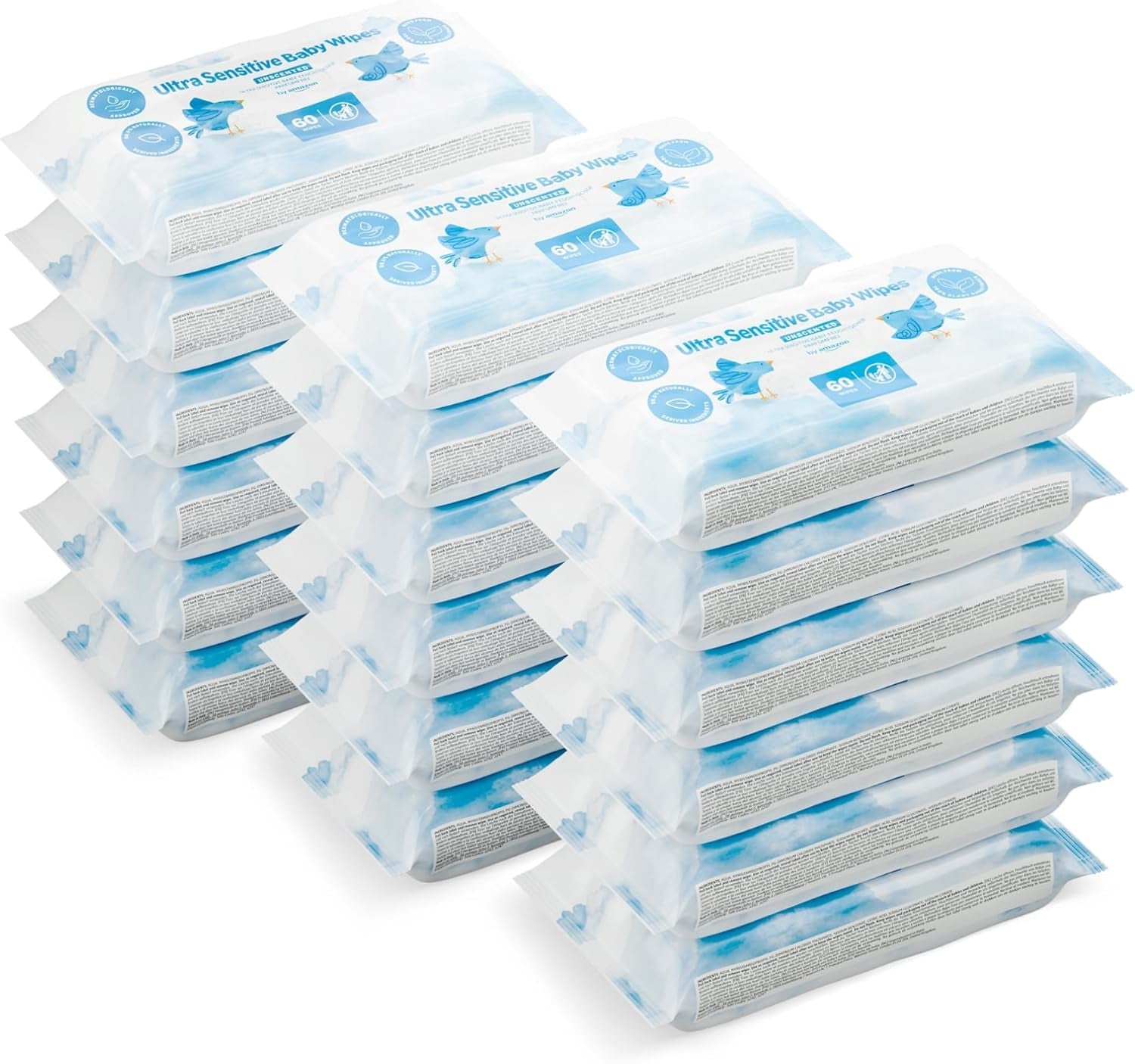Dětské ubrousky Amazon Ultra Sensitive, 1080 ubrousků, neparfemované, 18 balení po 60 ubrouscích (dříve značka Amazon, identický produkt)