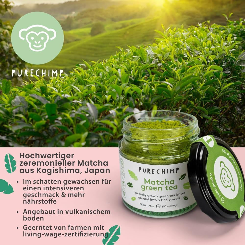 Purechimp Ceremonial Grade Matcha Powder 50g. 100% čistý čajový prášek pěstovaný ve stínu pro latté, nálevy a receptury. Recyklovatelná nádoba. Bohaté na antioxidanty.