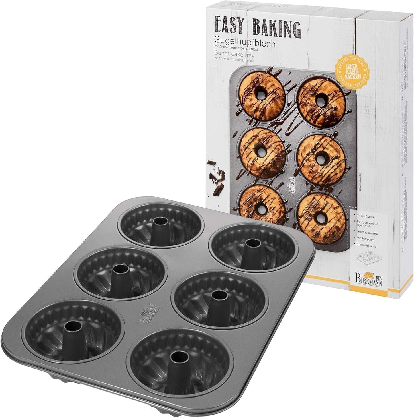 Birkmann, Easy Baking, Donutblech, Backform Für 6 Donuts, Mit Hochwertiger Antihaftbeschichtung, Ø 9 Cm, Mit Rezept, 881631 Formy a plechy na pečení Naty Shop 6Er Gugelhupfform