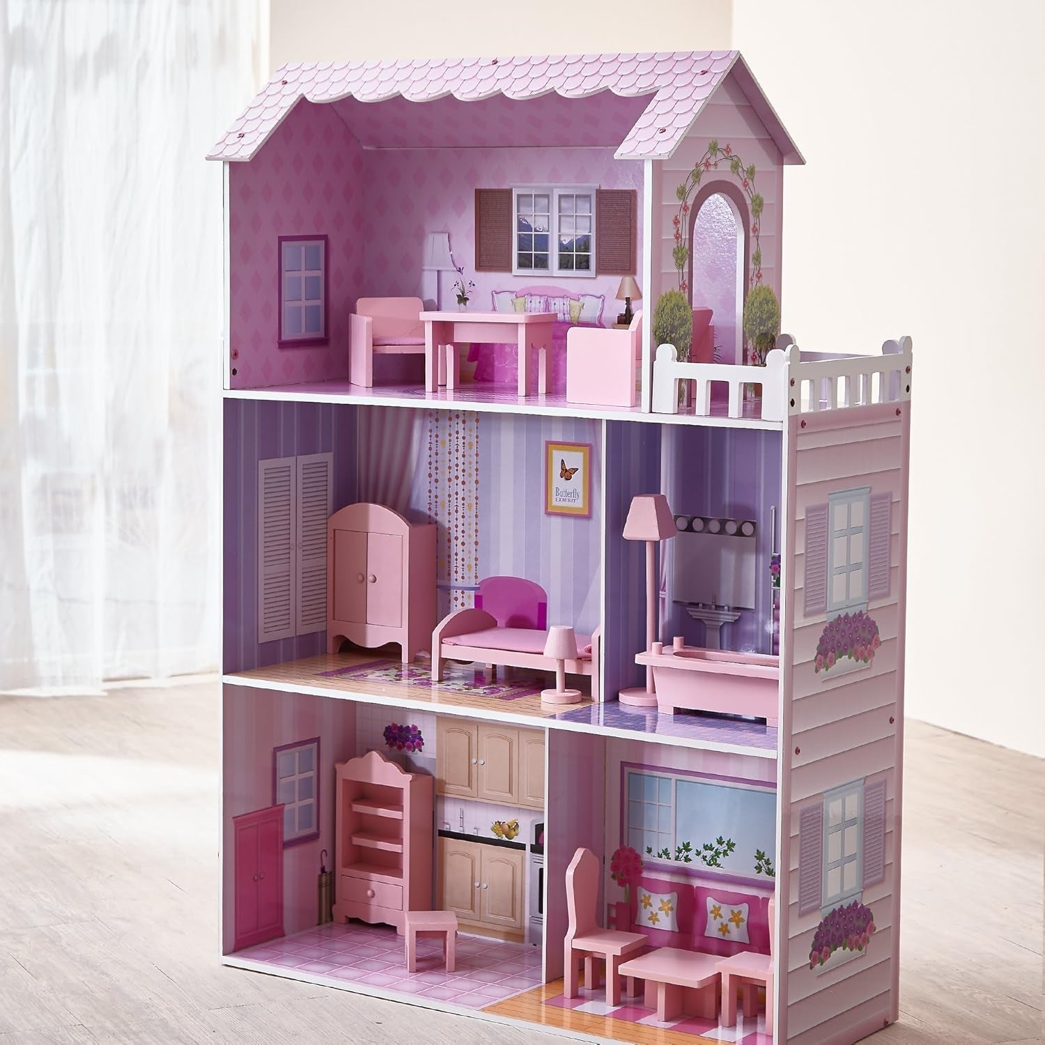 Obří domeček pro panenky Olivia's Small World, velký dřevěný domeček pro panenky s nábytkem a doplňky, 3patrový domeček pro panenky pro děti, domeček pro panenky 12", 3 roky + domečky pro panenky Naty Shop
