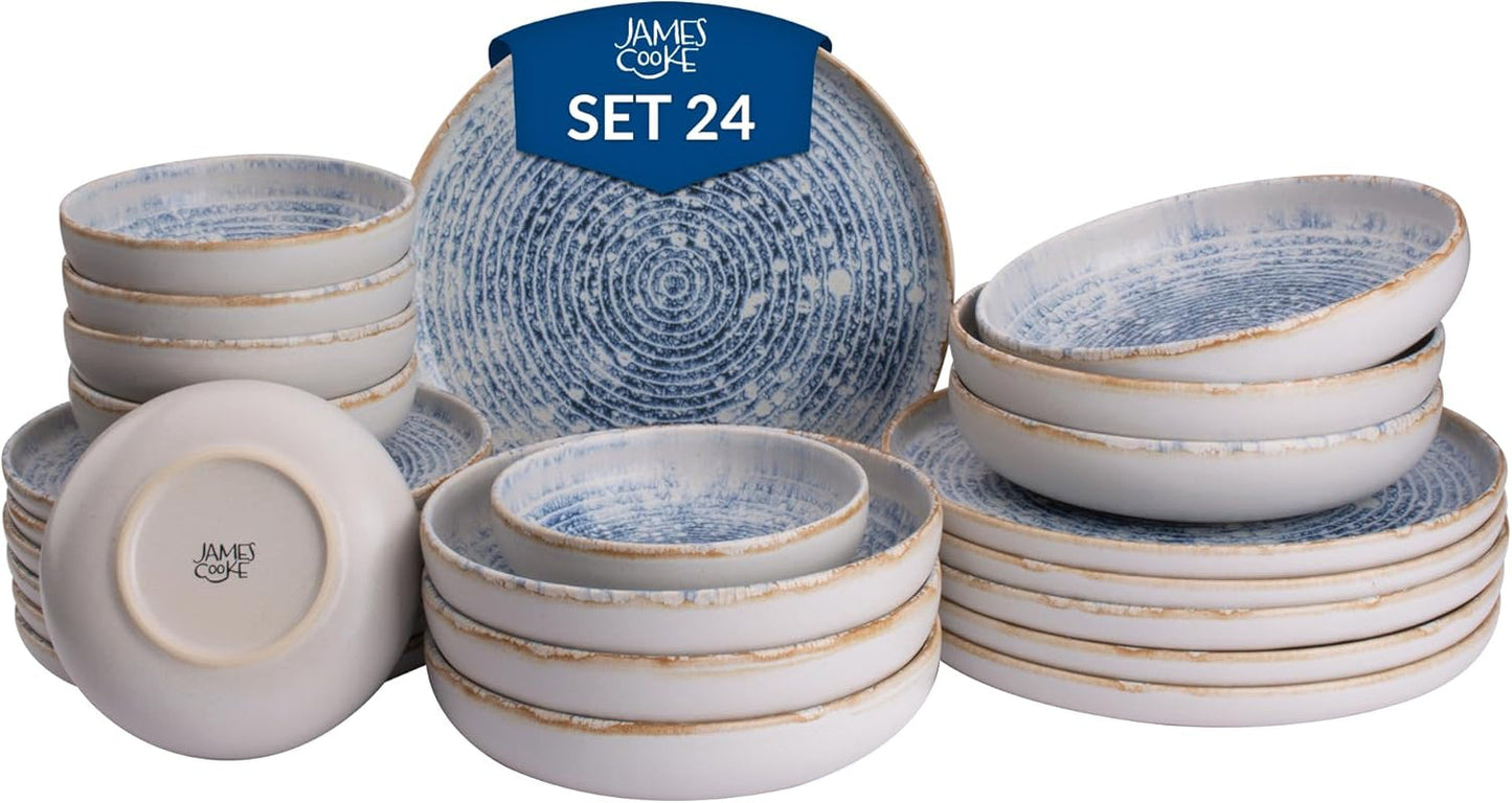 Sada nádobí Azure Vintage pro 6–24 kusů – bílé a modré pruhy, reliéfní povrch – vhodné do myčky, trouby a mikrovlnné trouby