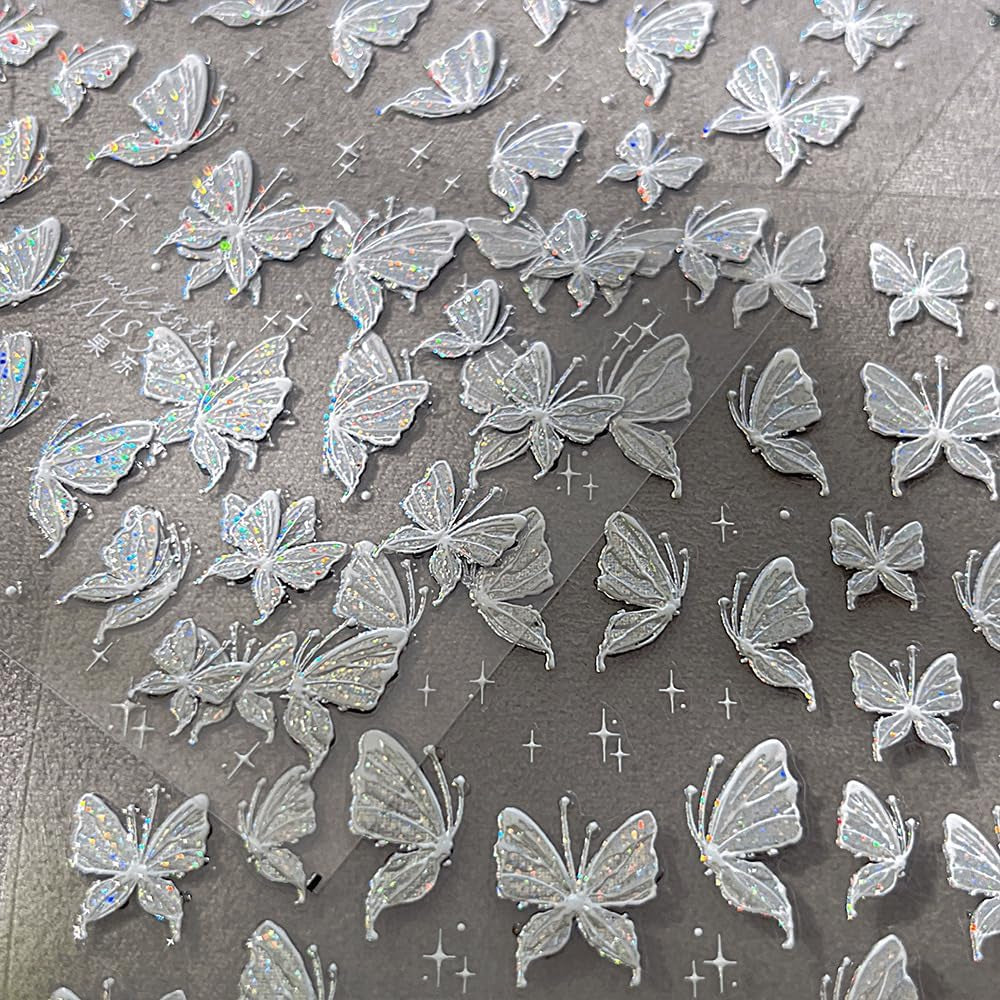 Aurora Muschel Schmetterling Samolepka na nehty Weiß Schmetterlinge Samolepka na nehty Gelee Relief Butterfly Nagelaufkleber Y2K Butterflies Nagel Sticker Nägel Nageldesign Nagel Zubehör Samolepky na nehty Nailart