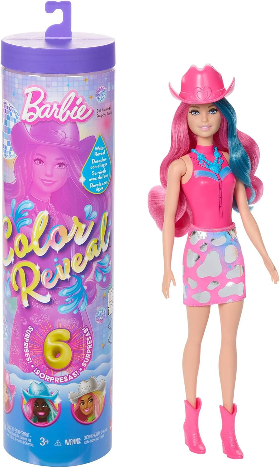 Panenka Barbie Color Reveal a doplňky se 6 překvapeními, řada Disco Star s kovovými třpytkami a topem měnícím barvu (styly se mohou lišit), JCP01, 32 cm
