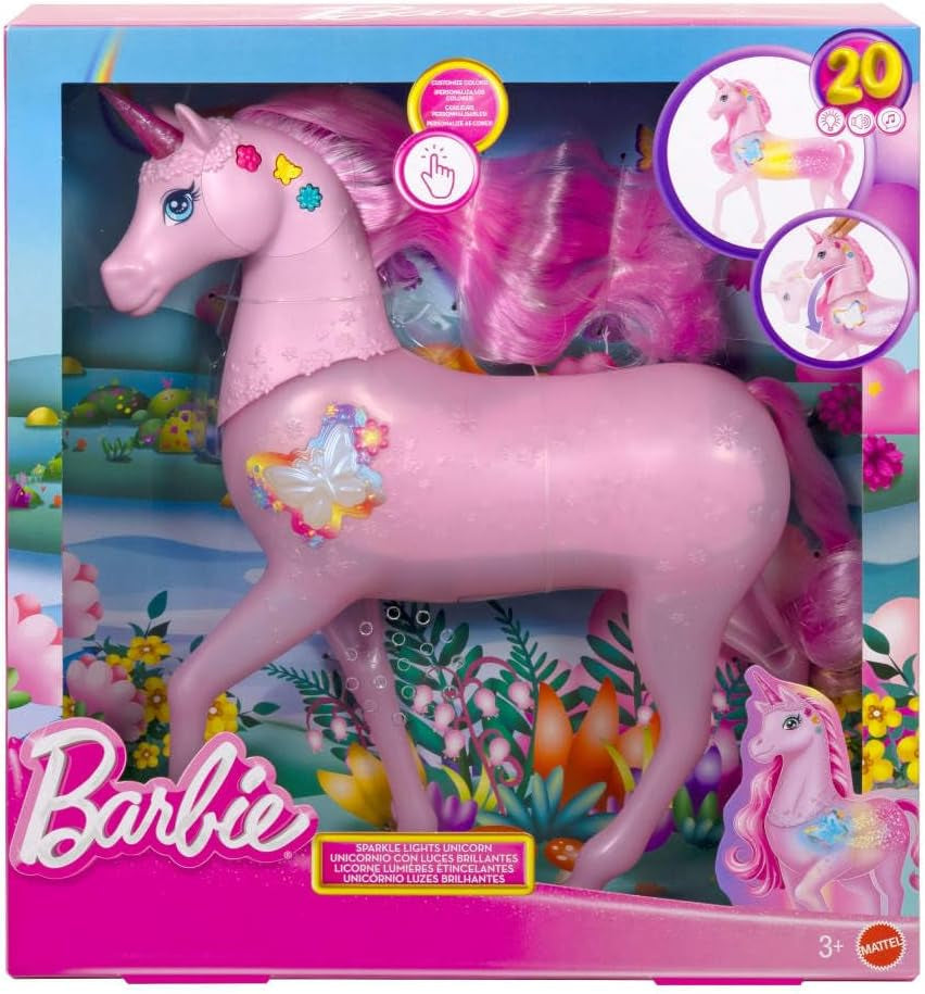 Barbie jednorožec svítící ve tmě s 20 interaktivními kombinacemi světelných, zvukových a hudebních efektů pro hru stisknutím tlačítka a hlazení hlavou, JCP78