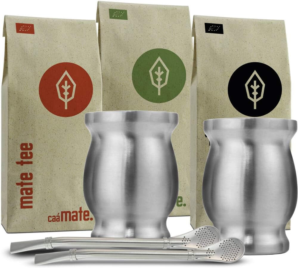 Bio čajová sada Mate ● 3 sortimenty Mate + 2 dvoustěnné šálky Mate z nerezové oceli + 2 bombillas + Návod na vaření (černý)
