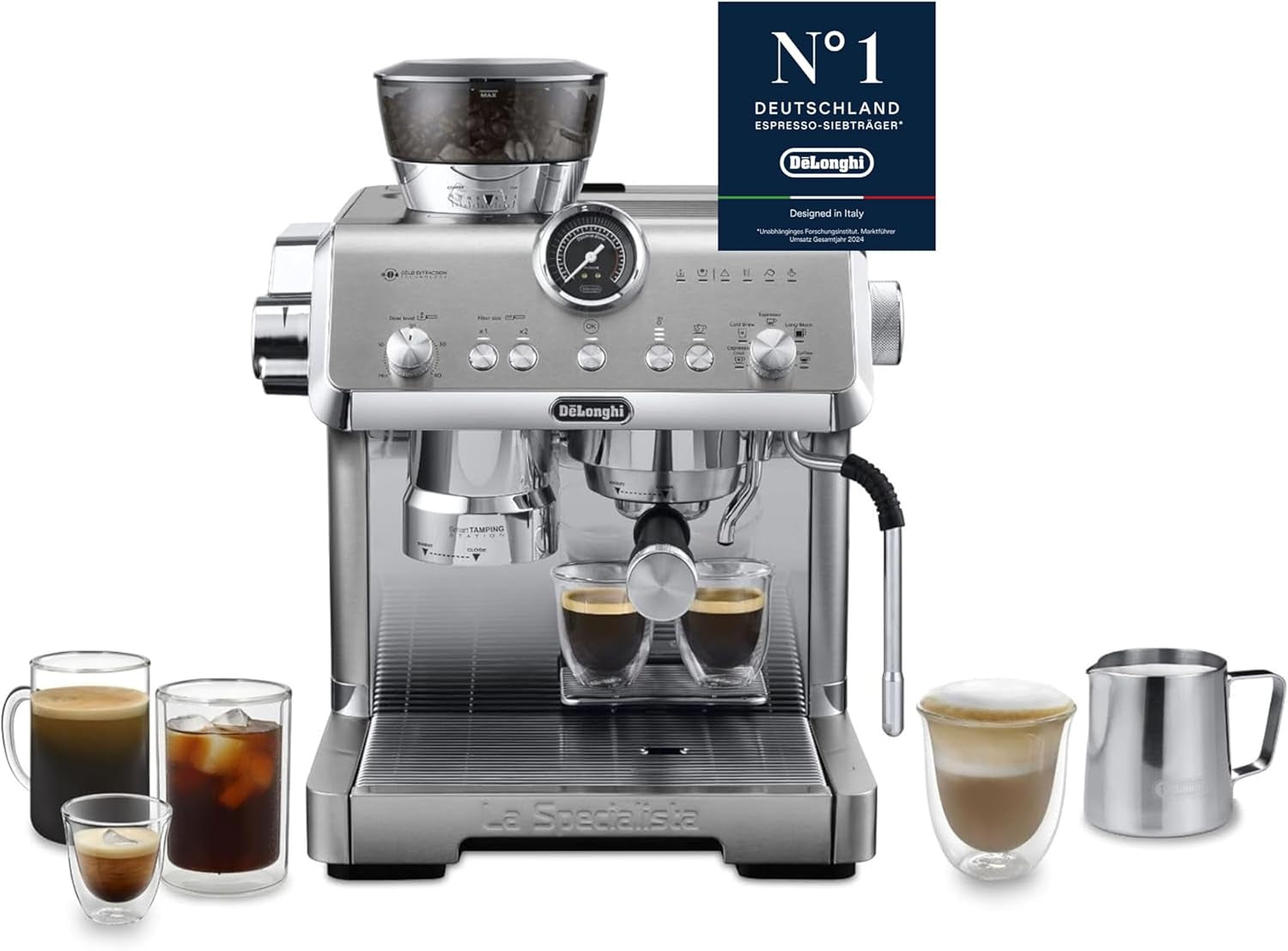 Portafiltrační espresso kávovar De'Longhi La Specialista Arte EC9155.MB s mlýnkem, 8 nastavení mletí, tlak 15 barů, 3 nastavení teploty, napěňovač mléka, 1550 W, nádrž 1,7 l, nerez/černá, včetně baristické sady