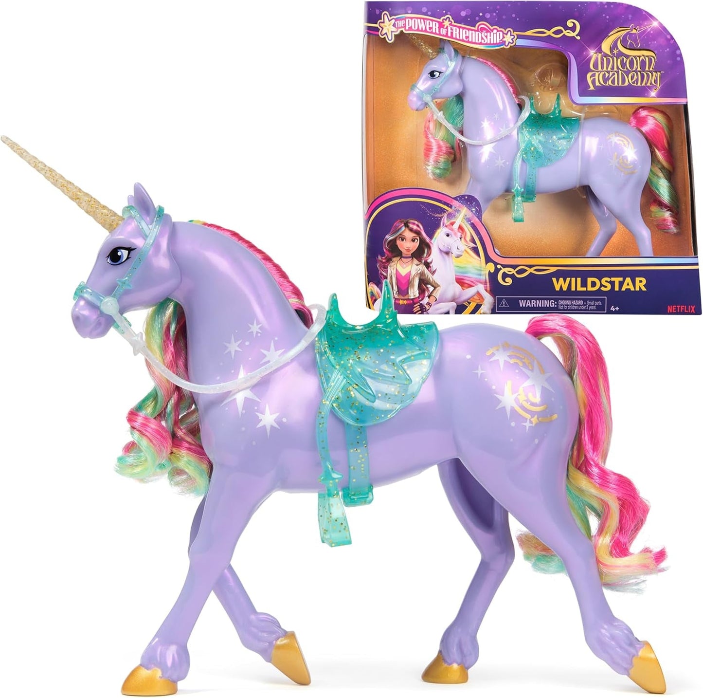 Wildstar Unicorn od Unicorn Academy – 28 cm vysoký originální jednorožec Sophia ze série Netflix se skutečnou hřívou a ocasem, odnímatelnou uzdou a sedlem a kartáčem, pro děti od 4 let