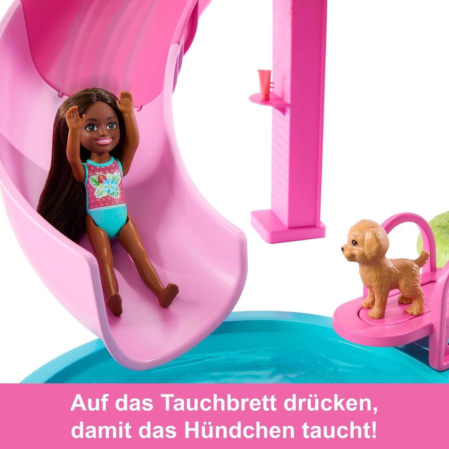 Hrací sada Barbie Dream Pool se šesti hracími plochami včetně skluzavky a jacuzzi, plus více než 20 doplňků, jako je domácí mazlíček, plovací kruhy a další, JKG83