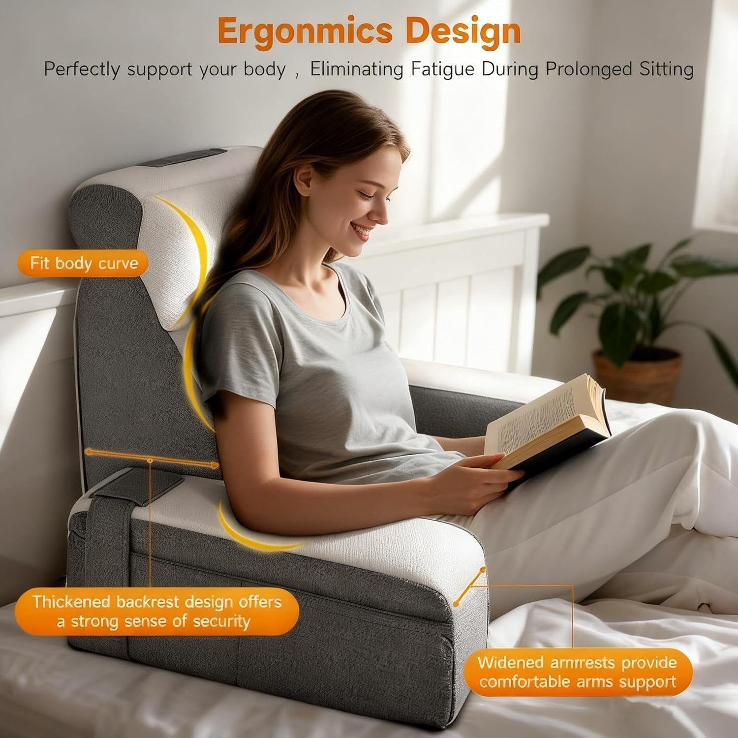 Velký polštář na čtení s odnímatelnou oporou krku a područkami, zádový polštář do postele, ergonomický zádový polštář s paží, kapsou a pratelným potahem na čtení a sledování televize.