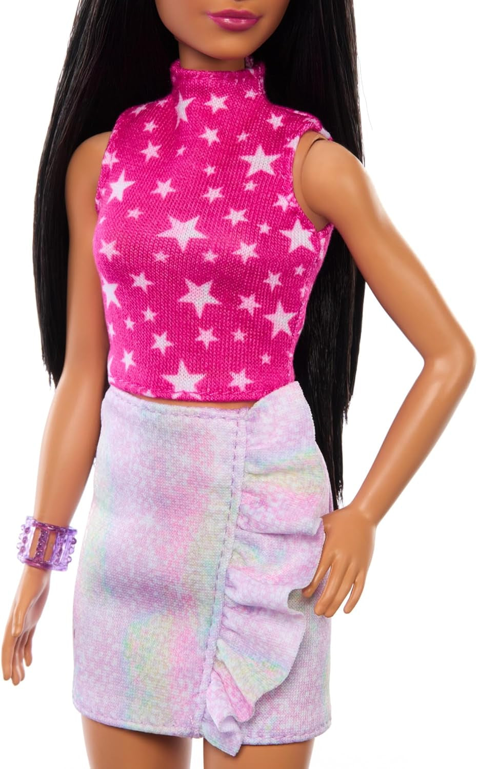 Panenka Barbie Fashionistas č. 215 s rovnými černými vlasy top s růžovým vzorem hvězd a duhovou sukní sběratelská módní panenka k 65. narozeninám HRH13 Naty Shop Dolls