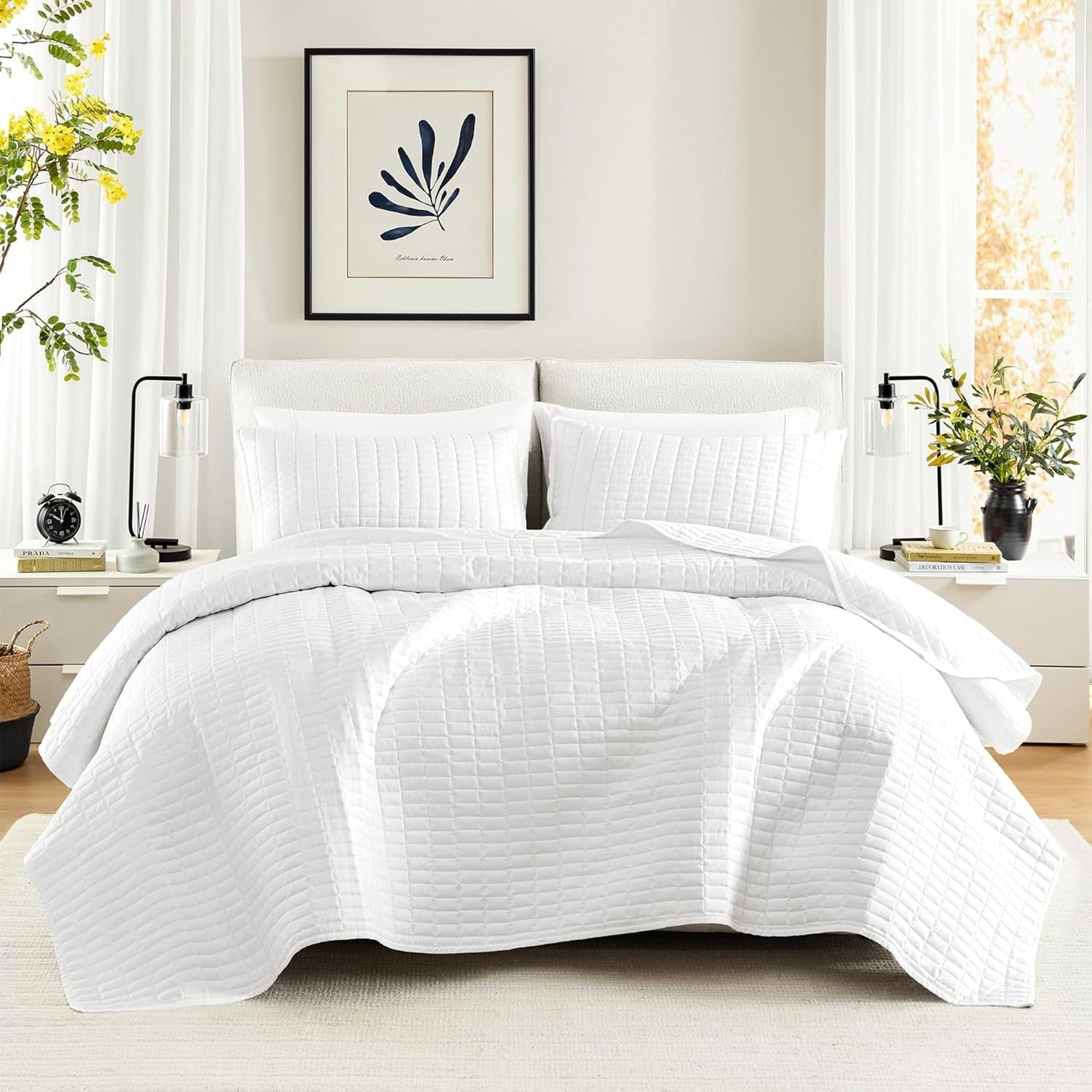 Sada přikrývek Comfort Spaces Kienna, luxusní dvojité prošívání, letní přikrývka, lehká, měkká, celoroční povlečení, odpovídající povlak na polštář, bílá, přikrývka na manželské postele (264,2 x 228,6 cm), přikrývky a přikrývky Naty Shop zahradní bílá/opulentní přikrývka King/Cal King (104"X90")