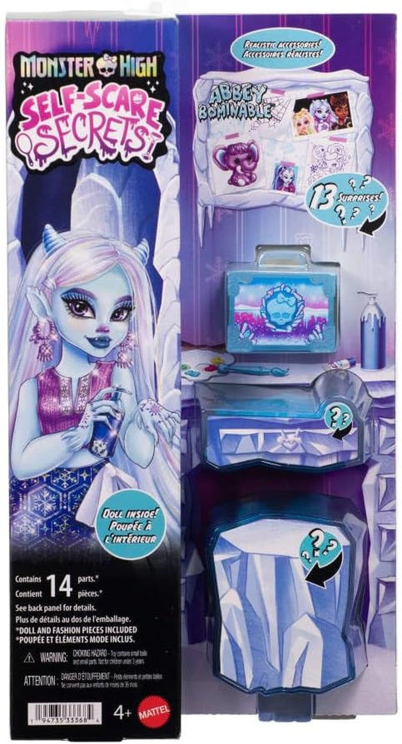 Monster High Self-Scare Secrets Abbey Bominable panenka a sada doplňků s 13 realistickými překvapeními, jako je henna, kresby a háčkování JHK44