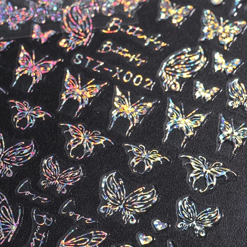 6 Blatt Schmetterling Samolepka na nehty Selbstklebend Laser Stříbrná Schmetterlings Nagelaufkleber 3D Aurora Stříbrná Schwarz Schmetterlinge Samolepky na nehty Frühling Nageldesign Samolepka na nehty Nail Art Zubehör