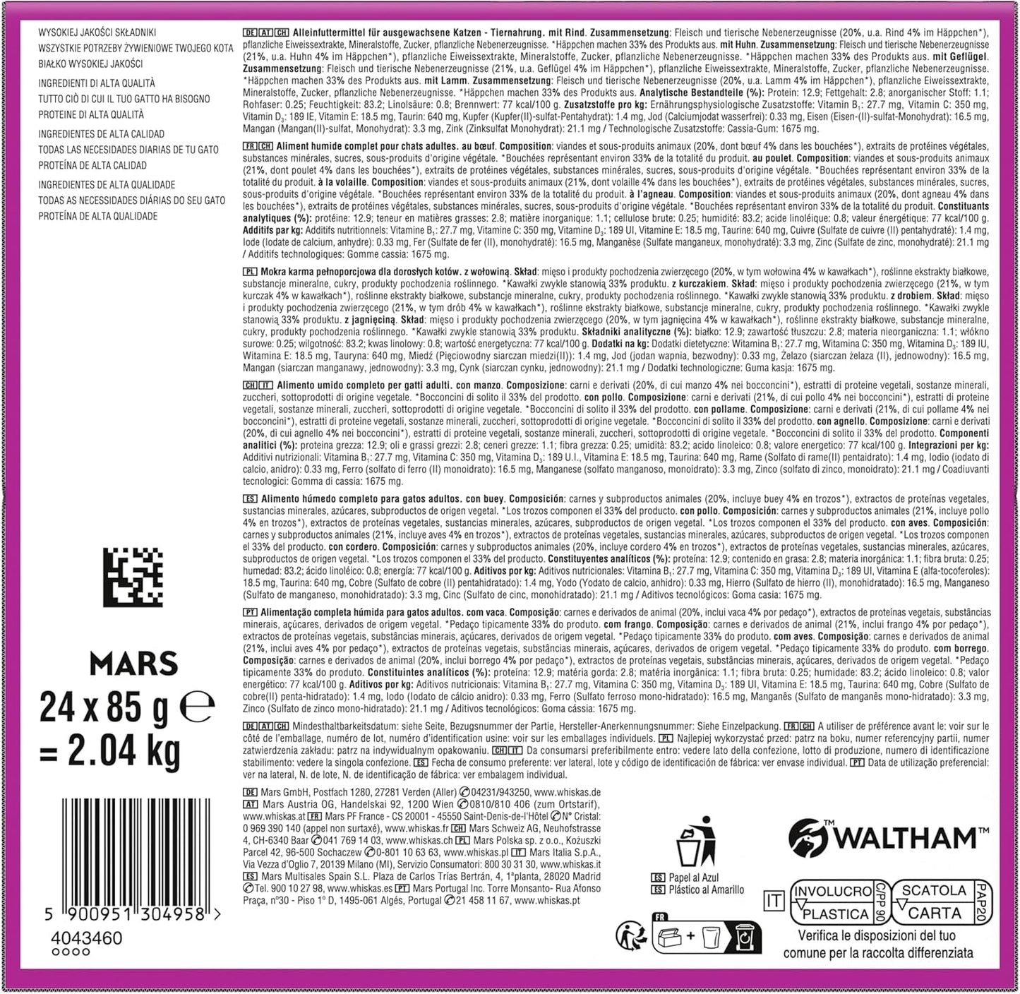 WHISKAS PURE DELIGHT Mokré krmivo v želé 24 x 85 g Klasické ragú (4 balení) 48 porcovaných sáčků