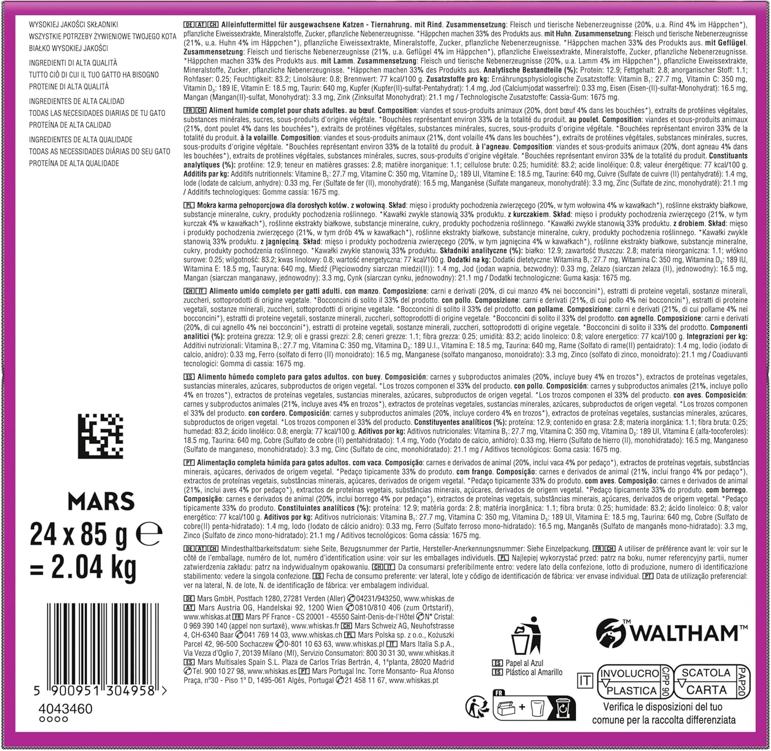 WHISKAS PURE DELIGHT Mokré krmivo v želé 24 x 85 g Klasické ragú (4 balení) 48 porcovaných sáčků