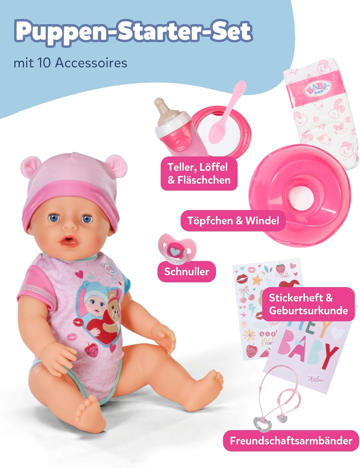 BABY Born Emma - panenka 43 cm - 10 funkcí včetně příslušenství a matrace - Plně funguje bez baterií - Vhodné pro děti od 3 let