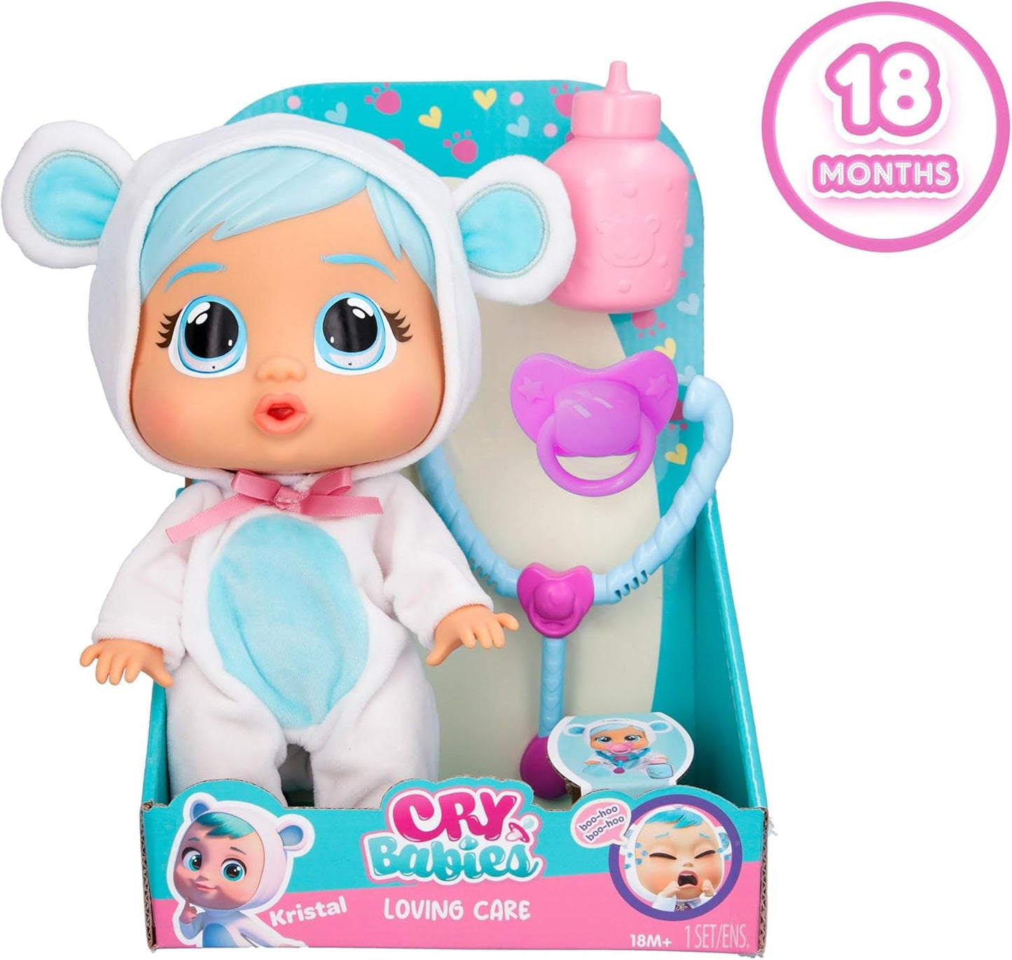 Cry Babies Loving Care Panenka Kristal, panenka Kristal Loving Care se 3 doplňky pro hru na doktora, ošetřovatelskou péči, pláč se skutečnými slzami, hračka pro 18měsíční miminko