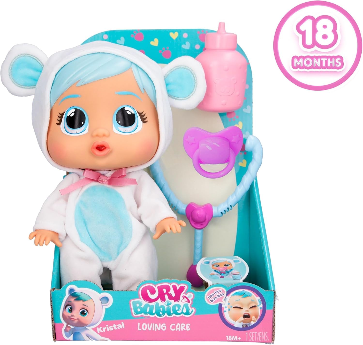 Cry Babies Loving Care Panenka Kristal, panenka Kristal Loving Care se 3 doplňky pro hru na doktora, ošetřovatelskou péči, pláč se skutečnými slzami, hračka pro 18měsíční miminko
