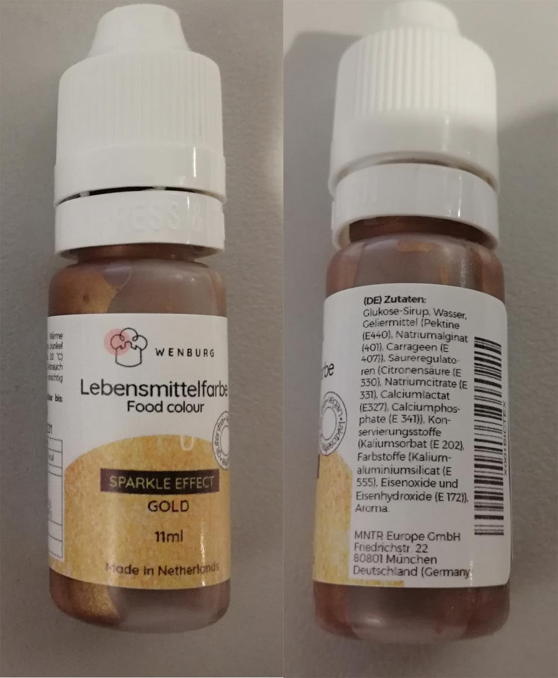 Wenburg potravinářské barvivo, třpytky, 11 ml, koncentrované, vyrobeno v EU, tekuté. Pro barvení těsta, nápojů, příchutí, slizu - zlaté třpytky Potravinářské barvivo - zlaté barvení dortů - zlaté třpytky