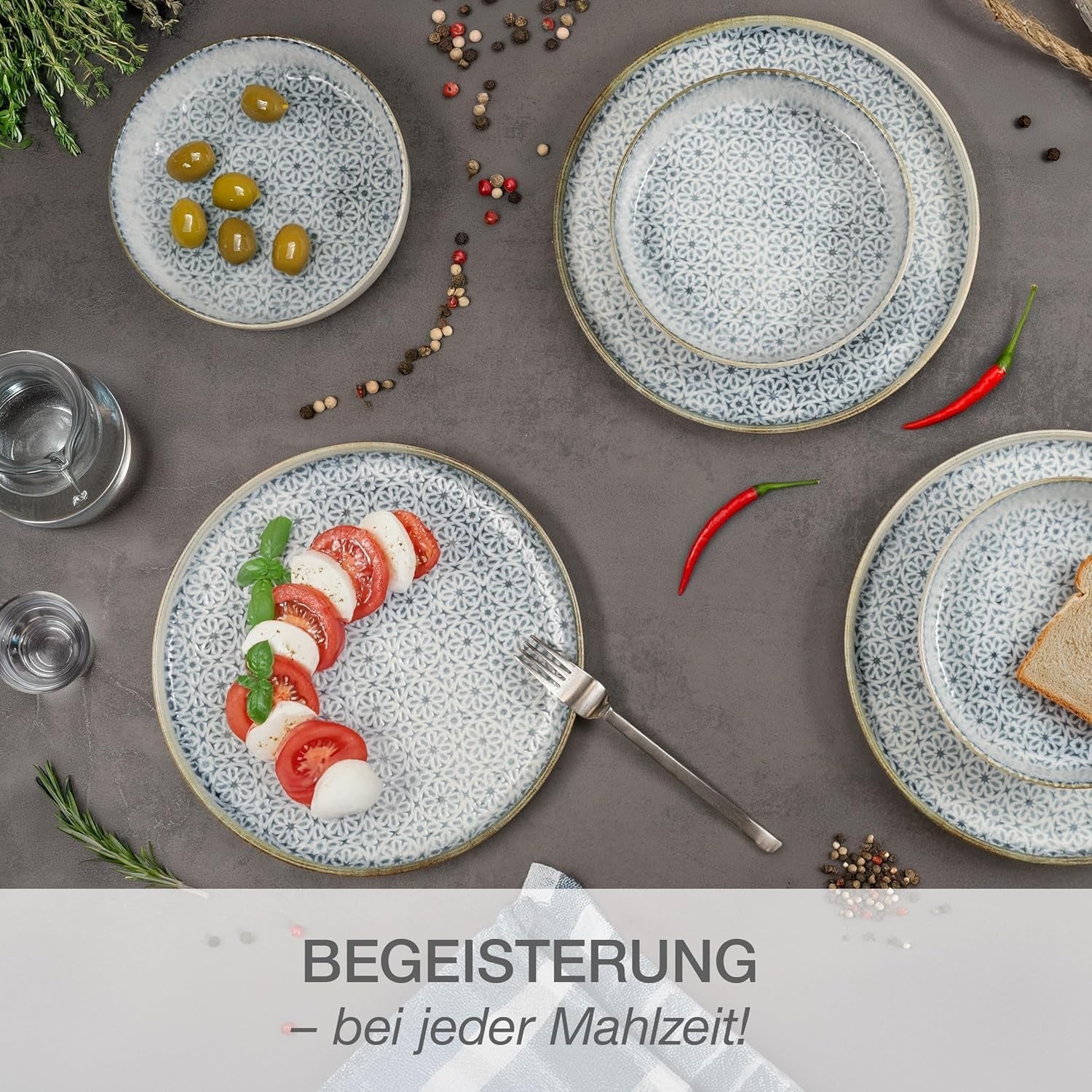 Sada nádobí Moritz & Moritz ALHAMBRA pro 6, 18 kusů, vysoce kvalitní porcelán – moderní modré nádobí – sada se snadnou údržbou obsahující 6 talířů, 6 dezertních talířů a 6 misek