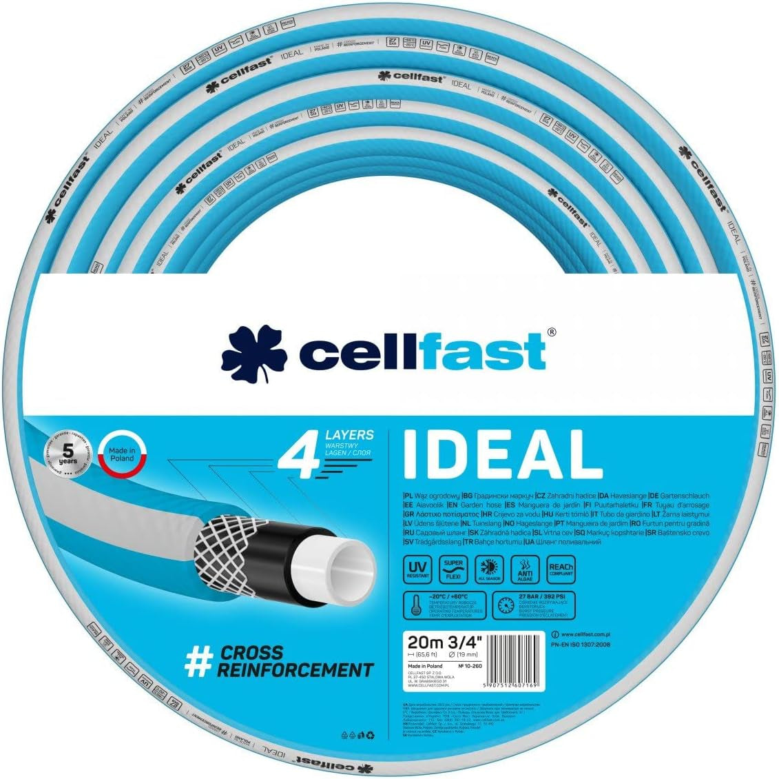 Zahradní hadice Cellfast IDEAL, Odolná, Flexibilní, 4 vrstvy, Odolný křížový oplet, odolná proti UV záření a řasám, Technologie REACH, 27 bar, -20/+60° krátkodobě 3/4", 20m
