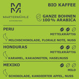 Vzorková sada bio kávových zrn Martermühle 3x250g světlá/střední síla I Arabica I Celá bio kávová zrna lehce pražená, nízká acidita (68/74/426)